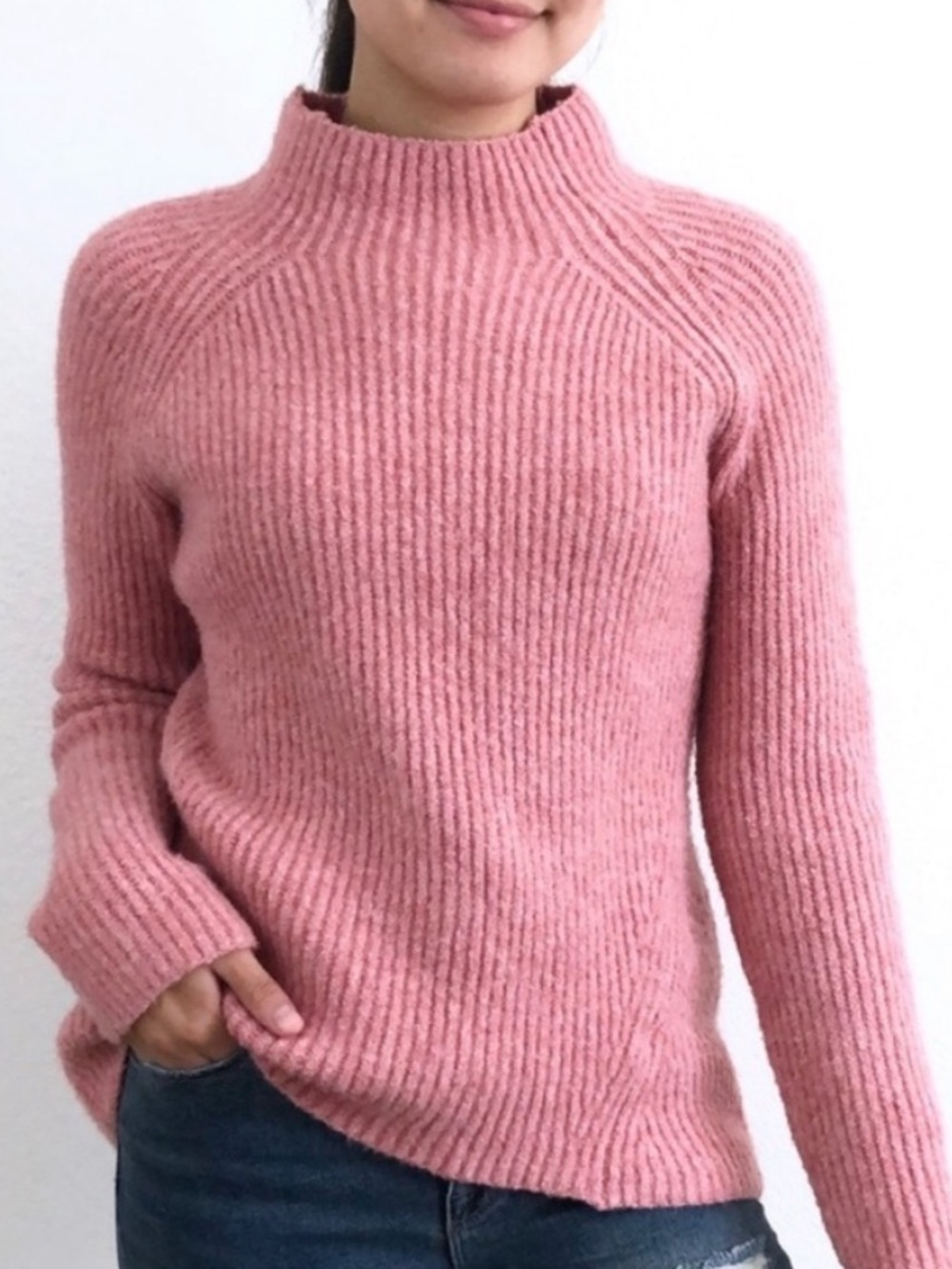 Madewell Pink Mock Neck Ribbed Sweater